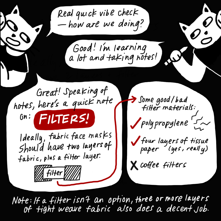 Polypropylene and four layers of tissue paper are both good filter materials. Coffee filters are not safe to use. And if a filter isn't an option, three or more layers of tight weave fabric also does a decent job.