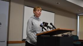 Beth Crider, Peoria County regional superintendent of schools, speaks at a March news conference in Peoria.