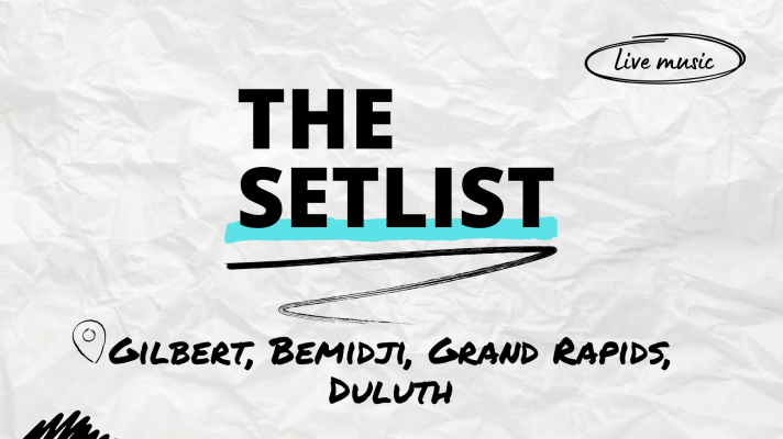 "The Setlist" and "Gilbert, Bemidji, Grand Rapids, Duluth" written over a crumpled paper background. Blue highlighter is under "The Setlist."