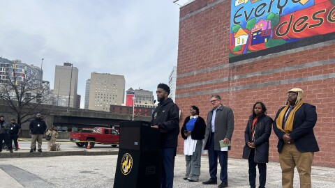 Mayor Brandon Scott speaks outside Healthcare for the Homeless, one of the Opioid Restitution Fund grantees, in Baltimore on Thursday, February 26, 2026.
