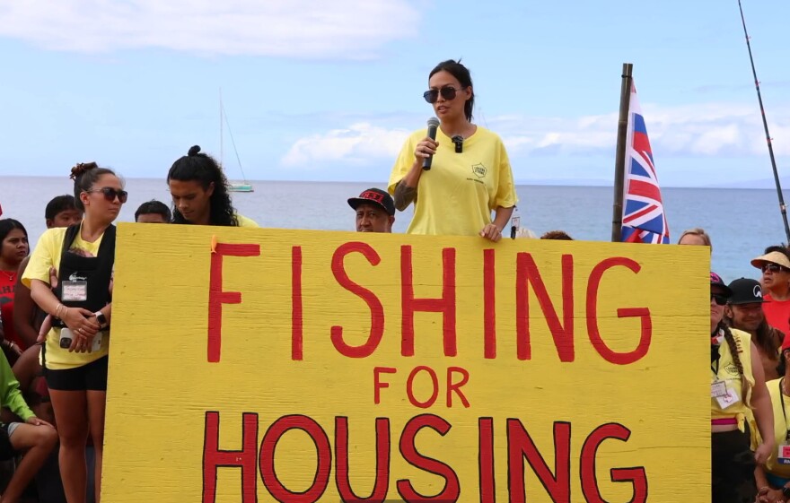 At a Lahaina Strong press conference, fire survivor Courtney Lazo advocates for dignified, long term housing.