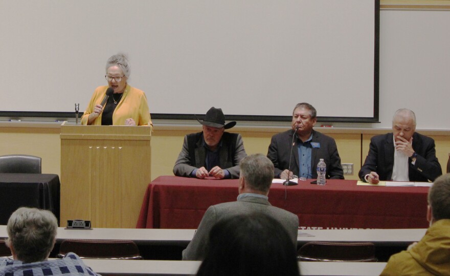 House Representatives Eric Albus (R-Chester), Rep. Mike Fox (D-Hays) and Rep. Paul Tuss (D-Havre) sit for a legislative recap in Havre, Mont. on May 14, 2025. Moderator Margarette Campbell asked the legislators to discuss successes, failures and bipartisanship during the 2025 legislative session.