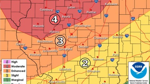 A level 3 or 4 severe weather risk covers a large part of Central Illinois this evening.