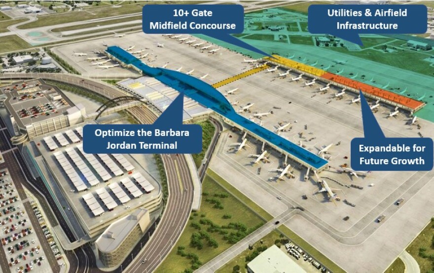 An illustration of the new midfield concourse planned under ABIA's $4 billion expansion