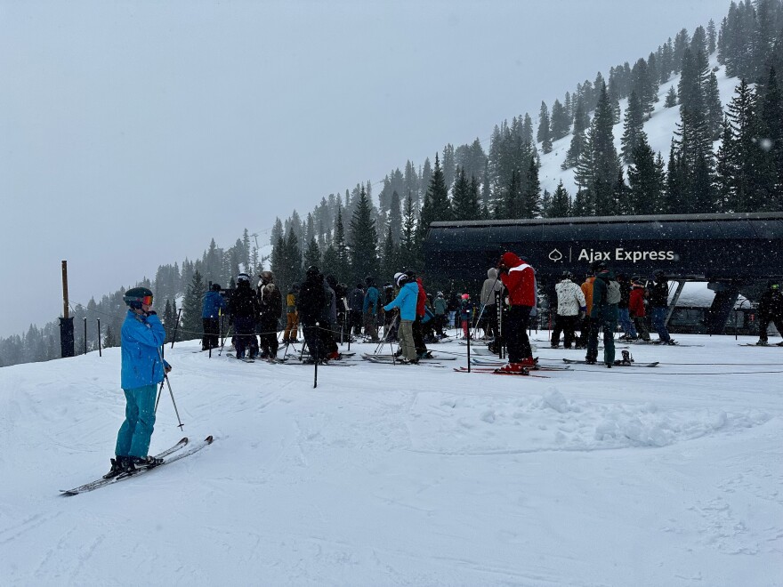 Skiers got in short lines at the Ajax Express chairlift on Aspen Mountain on Sunday, Nov. 24, 2024, the second day of the ski season. Aspen Skiing Company opened 132 acres of lift-served skiing at the mountain on Nov. 23.