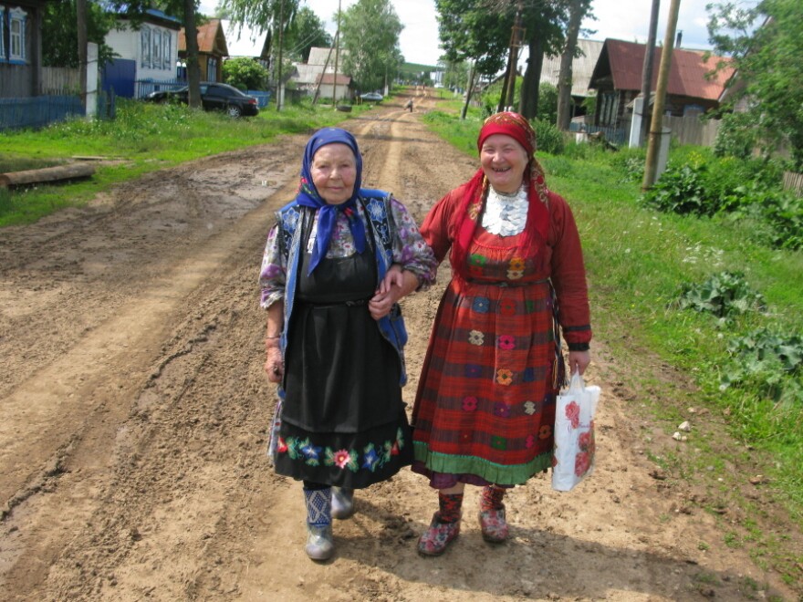 Elizaveta Zarbatova (left), who walks with Alevtina Begisheva, is the oldest member of the group at 84. She was widowed in 1957 when her husband was electrocuted on the job. "After I lost my husband, I received some kind of gift – the ability to compose music," she says. "The music comes from the heart. The suffering comes right from my heart."
