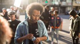 Boots Riley on the set of Sorry to Bother You