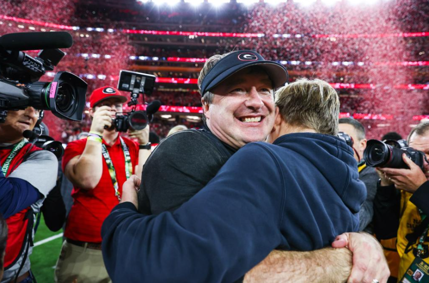  A jubilant Kirby Smart celebrates the Bulldogs' 65-7 win in the college football national championship.