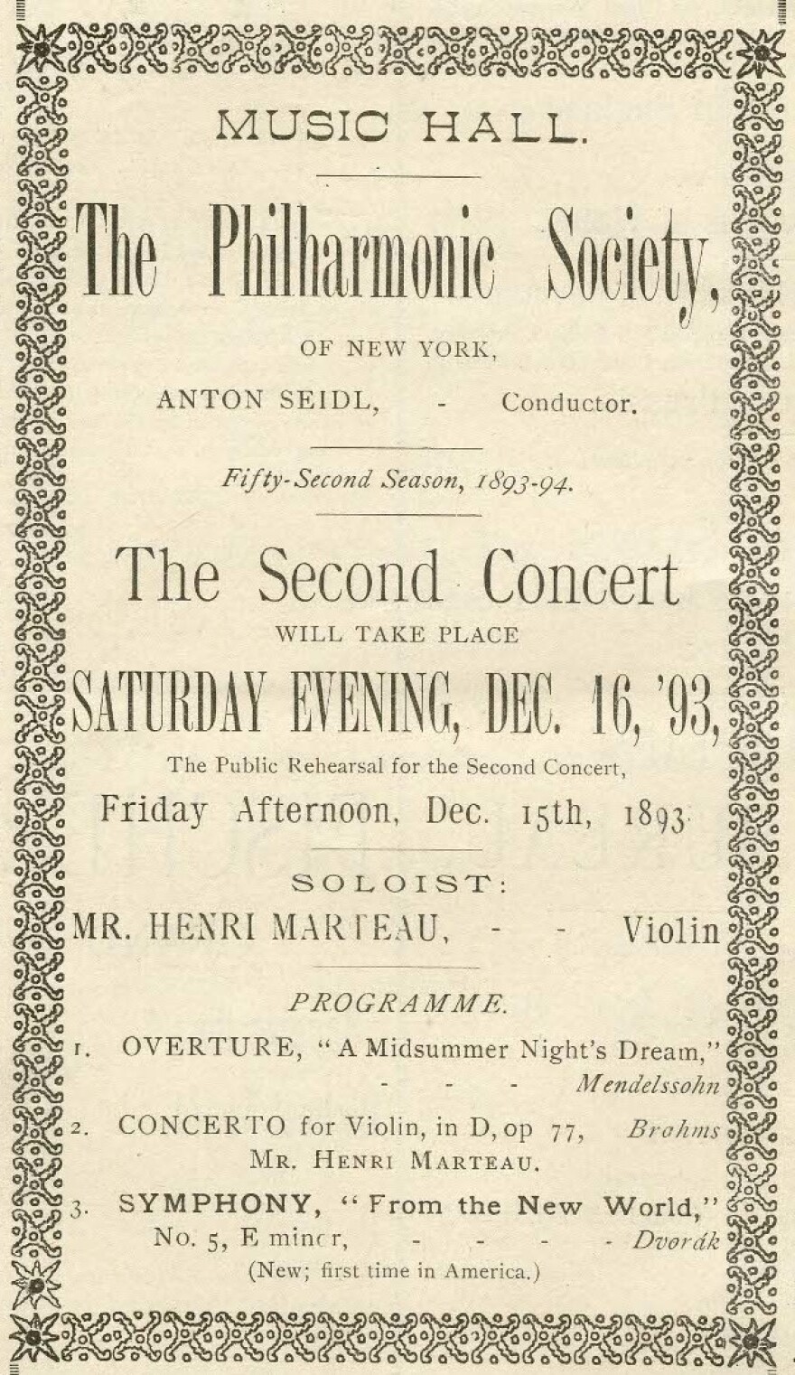 An 1893 advertisement for the world premiere of Dvorak's "New World" Symphony.