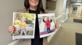 Marya Ketchell, of Hampton Falls, holds photos of her son Wyatt, who has Down syndrome. With special education services, Wyatt can share a second grade classroom with is friends.