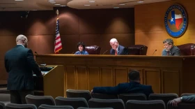 Texas Railroad commissioner Christi Craddick, Wayne Christian and Jim Wright during an agency hearing in Austin on Nov. 30, 2021.
