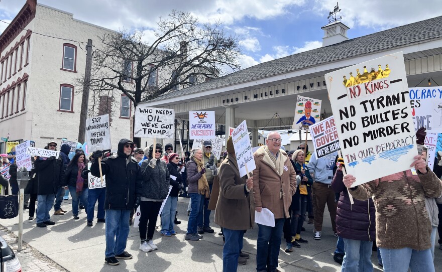 A crowd of around 300 begins in march in Honesdale during No Kings Day.