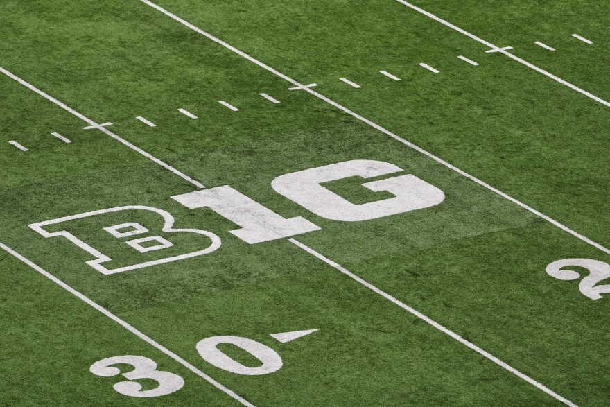 FILE - The Big Ten logo is seen on the field at Husky Stadium during an NCAA college football game, Oct. 25, 2025, in Seattle.