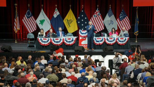 Rep. Mike Kennedy speaks to the delegates at the Utah GOP nominating convention at Utah Valley University in Orem, April 25, 2026.