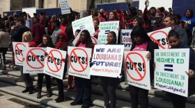 Students on the steps of the Louisiana state capitol.