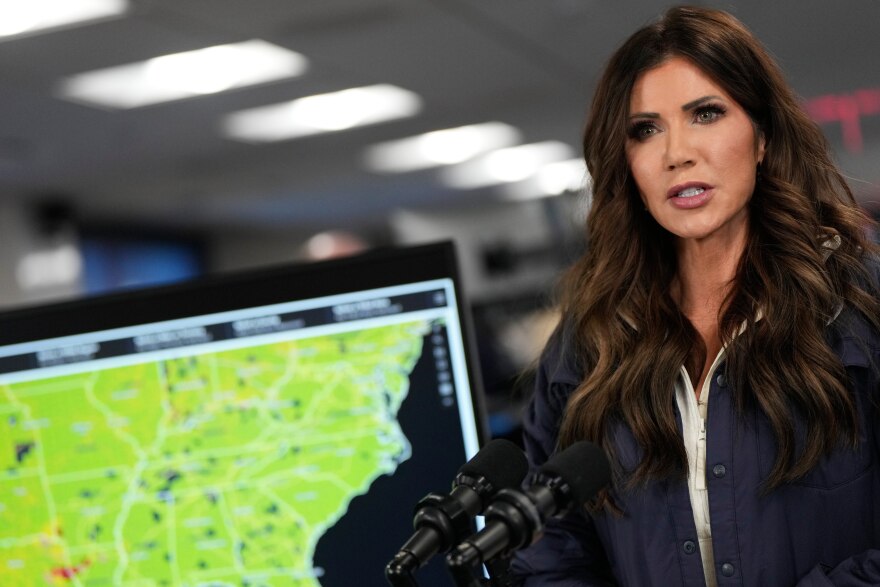 Homeland Security Secretary Kristi Noem speaks about the impending winter weather during a news conference at Federal Emergency Management Agency headquarters, Saturday, Jan. 24, 2026, in Washington. (AP Photo/Julia Demaree Nikhinson)