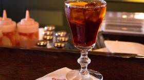 Image of a picon punch cocktail at the bar of a Basque bar in Reno Nevada