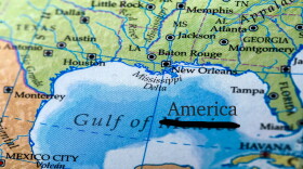 A map of the Gulf of Mexico is show with the word Mexico crossed out and America written above it.