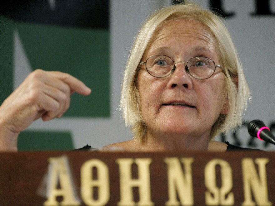 Ann Wright, a former U.S. State Department official who plans to sail on a vessel named "The Audacity of Hope" after the title of a book by President Obama, speaks during Monday's news conference about the international flotilla to Gaza. "We will not use force," she says. "We are unarmed civilian ships that are sailing for a political purpose to bring world attention to what is going on in Gaza."
