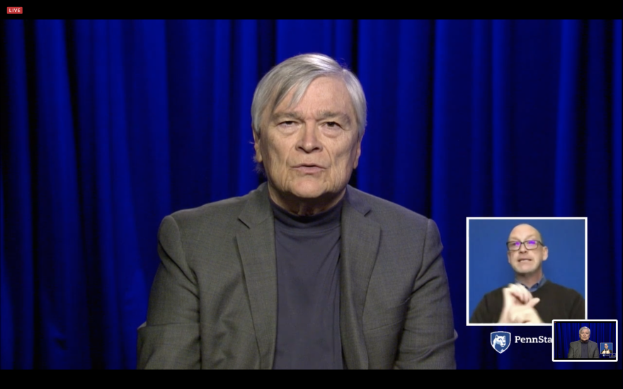 Penn State president Eric Barron speaks during Wednesday's town hall. 