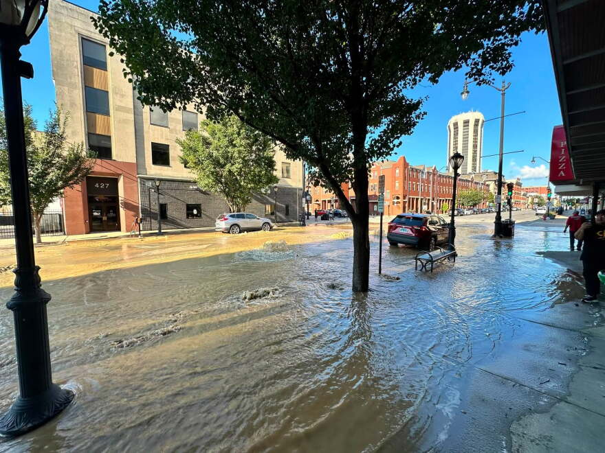 Flooding in downtown Springfield Thursday, shown on a Facebook post from Dumb Records.