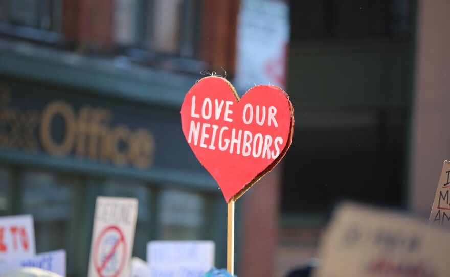 Over 1,000 people rally on Monument Square in Portland on Friday, Jan. 30, 2026.