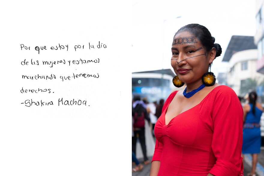 "Because I am for Women's Day and we are marching that we have rights." Portrait of Sharika Machoa of the Kichwa nationality.