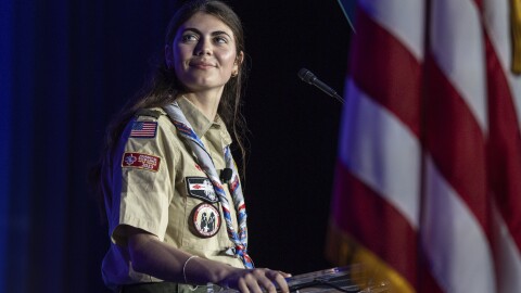 Selby Chipman, 20, is a student at the University of Missouri, an inaugural female Eagle Scout and the assistant Scoutmaster for all-girls Troop 8219 in Oak Ridge, N.C. The Boy Scouts of America is changing its name to Scouting America, the first name change in its 114-year history. (AP Photo/Kevin Kolczynski)
