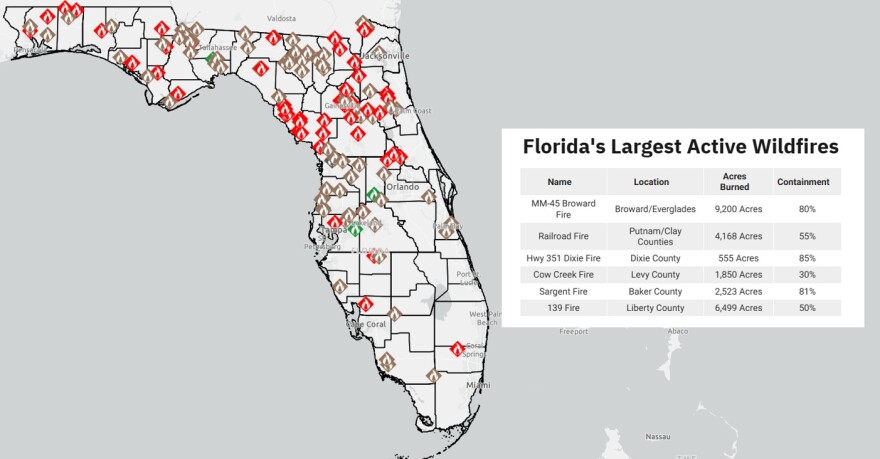 Florida's largest wildfires as of Thursday, April 23, 2026.