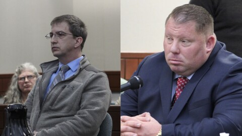 Alaska State Troopers Sgt. Joseph Miller (left) and Jason Woodruff (right) pleaded not guilty to assault in Kenai District Court on Tuesday.