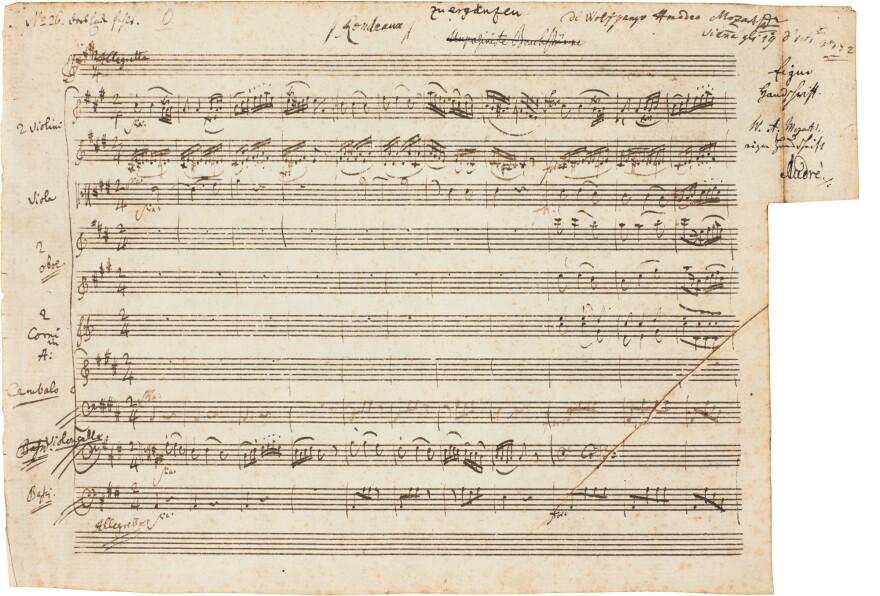 Mozart, Wolfgang Amadeus Autograph manuscript of the opening of the celebrated Rondo in A for Piano and Orchestra, K. 386, SIGNED AND DATED BY THE COMPOSER ("di Wolfgango Amadeo Mozart[paraph] / Vienna gli 19 d'oct:bre 1782.") ink on paper