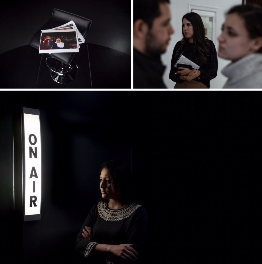 Top left: Photographs of Abdelmoniem sit on a chair after Khaled gave an interview with a major news outlet in Washington. Top right: Khaled and her husband talk after meeting with Bethany Poulos, a foreign policy assistant to Sen. Marco Rubio. Bottom: Khaled poses for a portrait minutes before appearing on air with Al Jazeera.