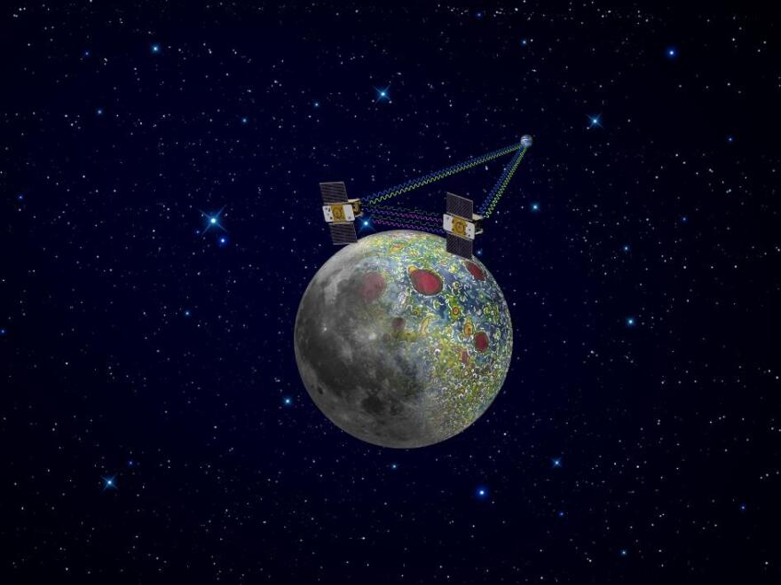 GRAIL spacecraft will map the moon's gravity field, as depicted in this artist's rendering. Radio signals traveling between the two spacecraft provide scientists the exact measurements required as well as flow of information.