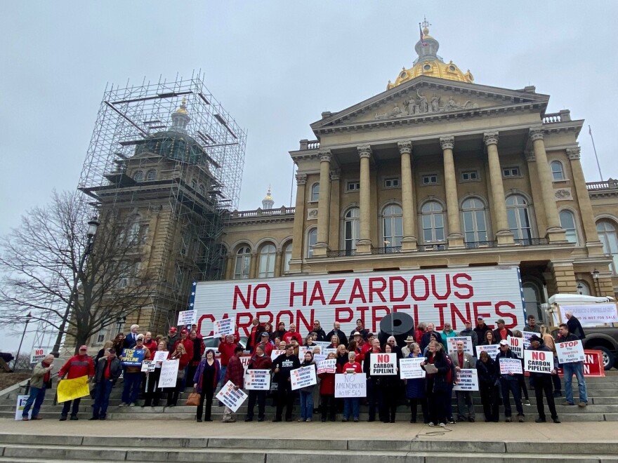  Iowans gathered for a protest against carbon capture pipelines Wednesday before the House passed a bill regarding eminent domain.