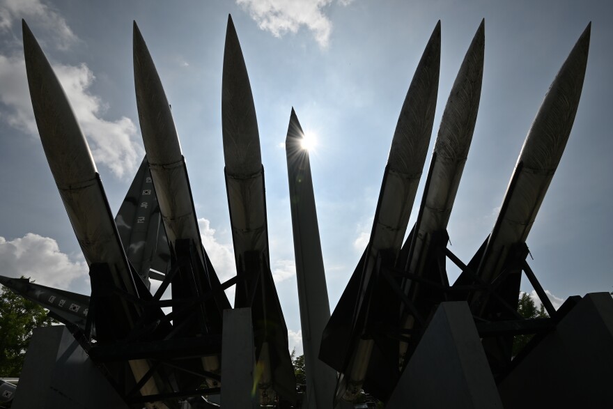 A replica of a North Korean missile and South Korean surface-to-air missiles stands at the Korean War Memorial in Seoul, South Korea. North Korea fired unidentified short-range projectiles during a test in August, a move that displeased U.S. negotiators.