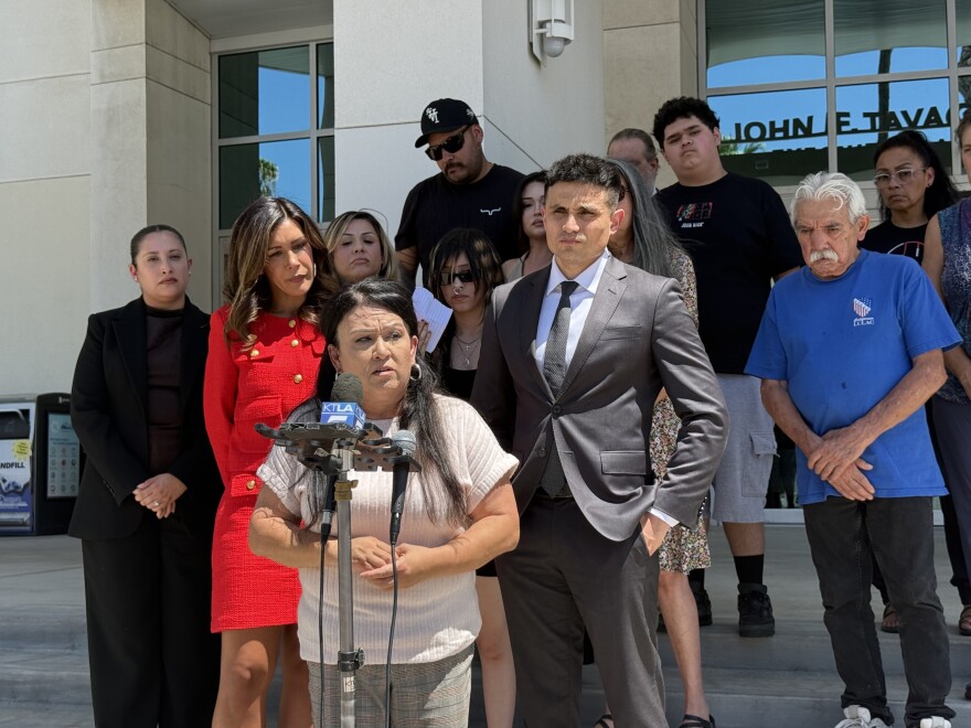 Lisa Matus speaks at a press conference with her attorneys outside the Riverside County Administrative Center in Riverside, Calif., Wednesday, Aug. 26, 2026.