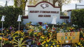 A memorial garden for the 17 people killed in the Feb. 14, 2018, mass shooting at Marjory Stoneman Douglas High School in Parkland, Fla.
