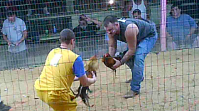 Cockfighting is illegal in every state and on the federal level. Cockfights feature roosters with razor-sharp gaffs attached to their claws fighting until one of them is dead or nearly incapacitated. Animal rights groups say the living losers are often tossed in garbage cans to die.