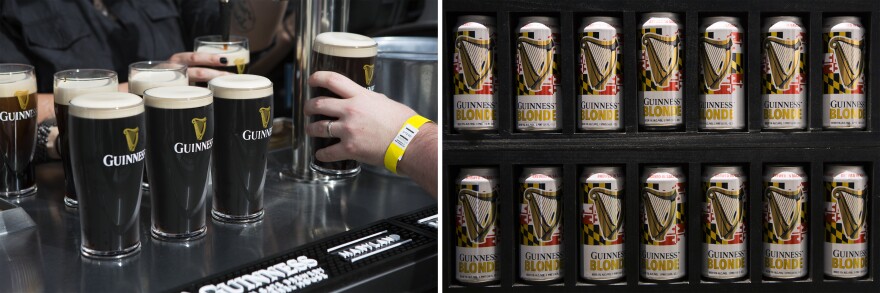 (Left) Pints of Guinness stouts are lined up at one of the outdoor bars. (Right) The new brewery will make the Guinness blonde lager but it will not brew the iconic stout.