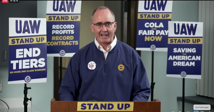 United Auto Workers President Shawn Fain speaks in a Facebook Live video September 14, 2023, laying out plans for a strike of the Detroit Three automakers.