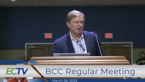Chad Henderson, principal partner of Tri-W, addressed Escambia County commissioners about the proposed OLF-8 development. He outlined his plan to restructure the agreement and pursue a mix of private investment and public funding to support job creation in Beulah.