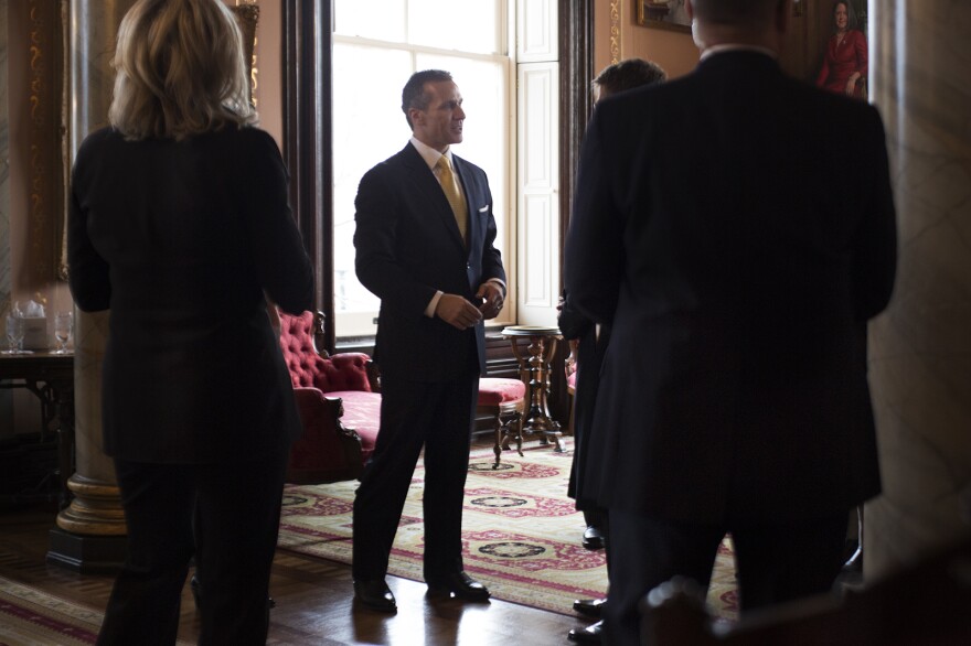 Gov. Eric Greitens greets guests at his residence in Jefferson City after being sworn in on Jan. 9, 2017.