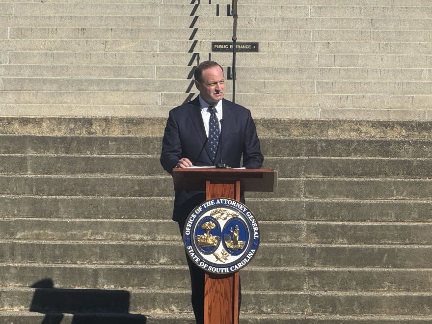 South Carolina Attorney General Alan Wilson speaks during the 2026 Silent Witness Ceremony on the Statehouse grounds in Columbia on Oct. 6, 2026.