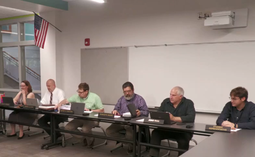 Members of the school committee in Ludlow, Massachusetts, meeting May 9, 2023.