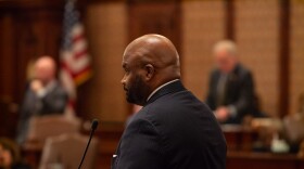State Sen Elgie Sims, D-Chicago, debates Sen. Dave Syverson, R-Cherry Valley, on the Senate floor before the chamber approved the fiscal year 2027 budget.