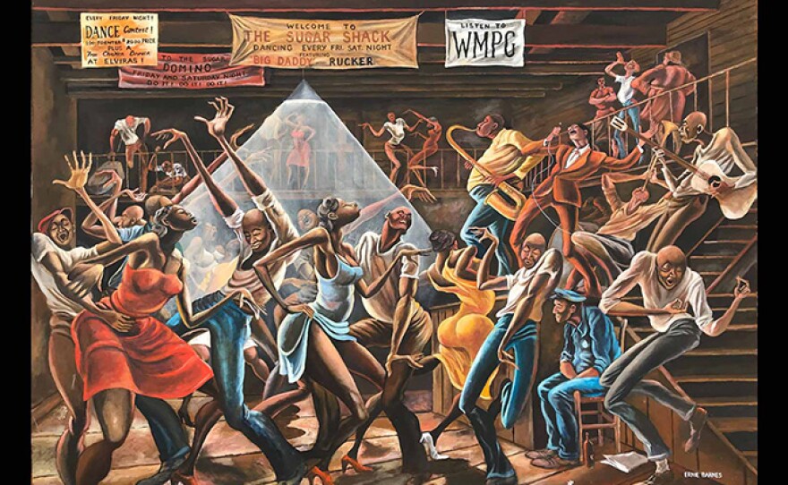 Naive wall painting depicting people dancing to music from a radio