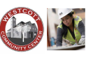 Blue and white image reades, "Syracuse build, first source hiring, supported by Centerstate." A photo to the right shows a woman in a white hard hat and yellow vest looking over construction plans.
