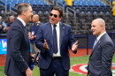  Gov. Ron DeSantis, center, talks to Rays managing partner/co-chair Patrick Zalupski, left, and Rays CEO Ken Babby before the home opener against the Chicago Cubs Monday, April 6, 2026.