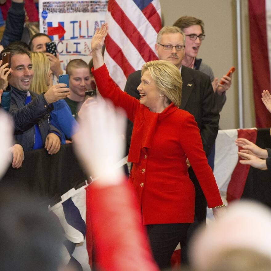Democratic presidential candidate Hillary Clinton arrives at her caucus night rally at Drake University in Des Moines, Iowa.