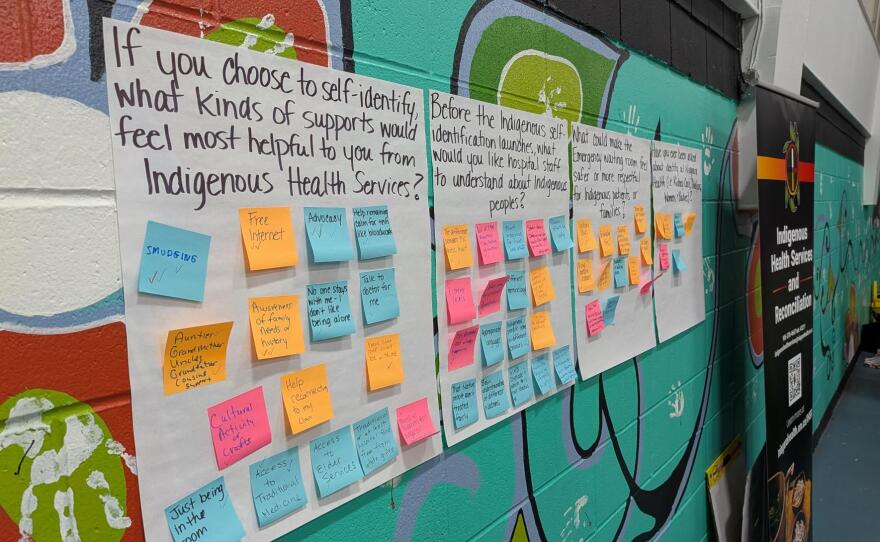 Sticky notes dot Indigenous Health Services' posters looking for feedback from Indigenous community members.
